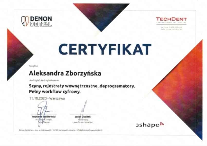 Certyfikat dr Aleksandry Zborzyńskiej — szyny, rejestraty wewnątrzustne i deprogramatory, pełny workflow cyfrowy (DENON Dental / TechDent, 2020)