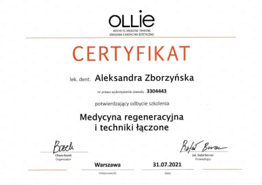 Certyfikat szkolenia „Medycyna regeneracyjna i techniki łączone" (OLLIE, Warszawa 2021)
