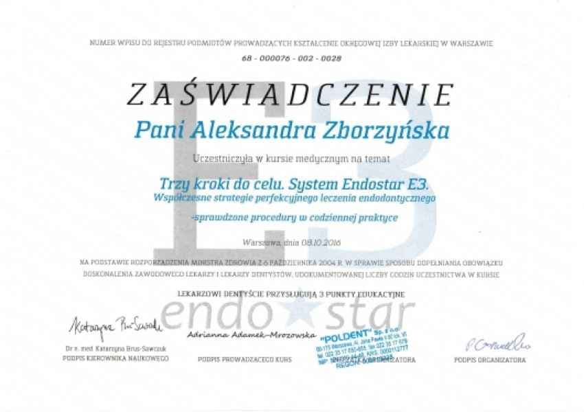 Zaświadczenie ukończenia kursu „Trzy kroki do celu. System Endostar E3" — leczenie endodontyczne (2016)