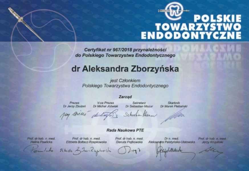 Certyfikat członkostwa dr Aleksandry Zborzyńskiej w Polskim Towarzystwie Endodontycznym (nr 967/2018)
