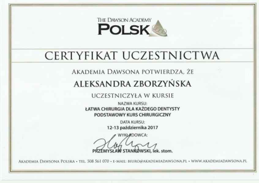 Certyfikat ukończenia podstawowego kursu chirurgicznego „Łatwa chirurgia dla każdego dentysty" — The Dawson Academy Polska (2017)