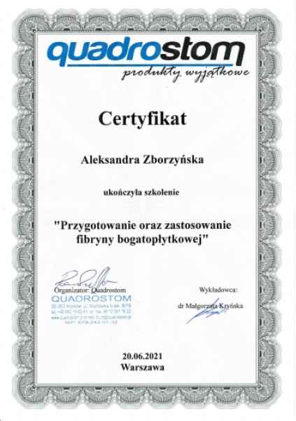 Certyfikat szkolenia „Przygotowanie oraz zastosowanie fibryny bogatopłytkowej" (Quadrostom, 2021)